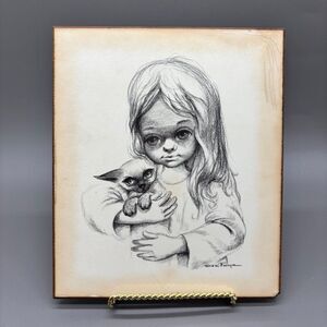 Ozz Franca Big Eyes Girl Cat Art Plaque Lorrie Vintage 1960s Mid Century Print